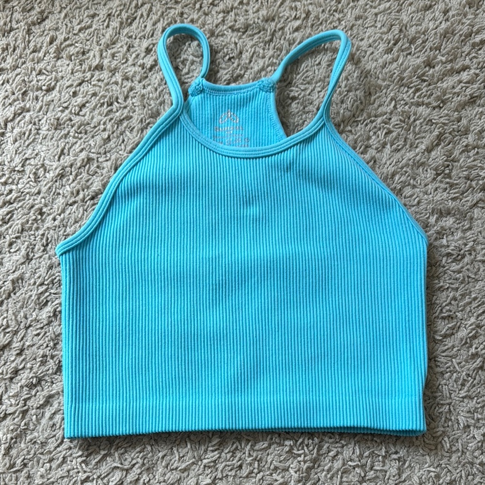 Amazon Blue Ribbed Sleeveless Crop Top